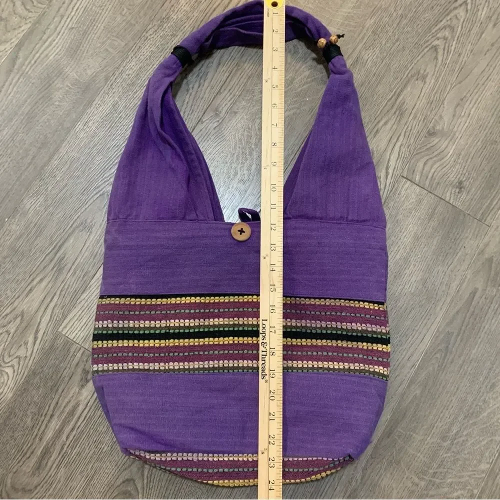 Handcrafted Purple Hobo Bag with Decorative Embroidered Stripes